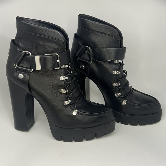 Zara Black Leather Platform Lug Sole Harness Lace Up Ankle Boots EU 39 (US M) - Picture 2 of 10